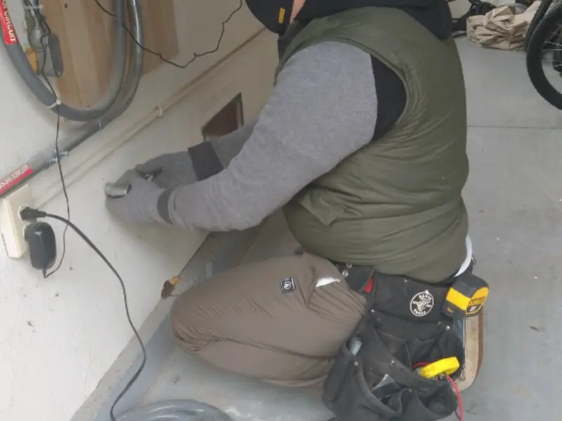 Electrician performing outlet wiring in a Waynesboro garage